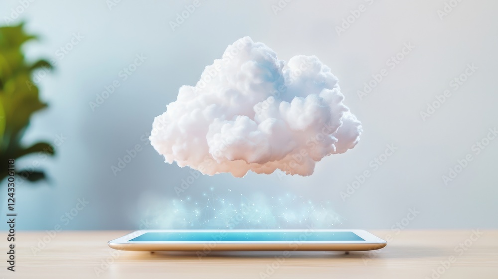 Poster a tablet with a floating cloud above it, symbolizing cloud computing and digital technology in a mod