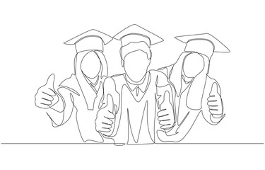 Continuous one line drawing of fresh graduates giving thumbs up gesture, commencement ceremony, education concept, single line art