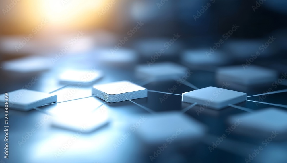 Poster a close-up view of interconnected 3d hexagonal shapes on a digital surface, representing technology 