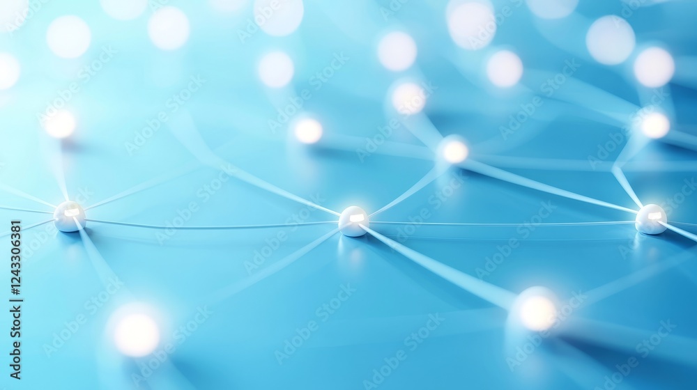 Poster a soft blue background with glowing nodes connected by thin lines, representing a digital network or