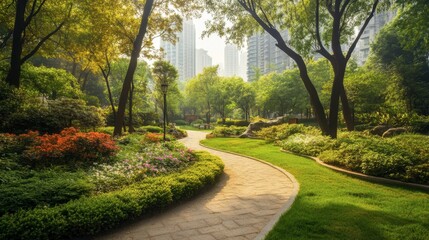 Fototapeta premium An urban park with walking paths and green spaces for relaxation, showing harmony in city life.