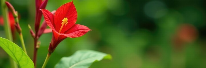 Red canna indica in full bloom against a natural background, flowering plant, stems