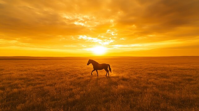Dark Horse Silhouette In Golden Sunset Field