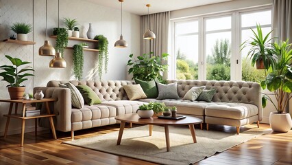 Fototapeta premium Cozy Scandinavian Loft Living Room with Modular Tufted Sofa & Tilt-Shift Effect
