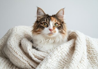 Adorable domestic cat nestled in soft cozy blanket, feline warmth and comfort expression in tranquil indoor setting.