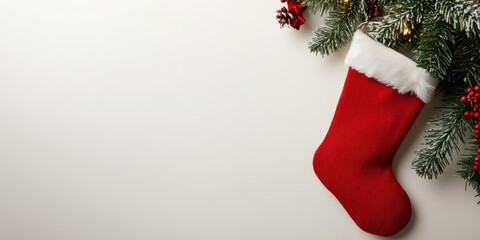 Red Christmas Stocking with Festive Decorations and Greenery