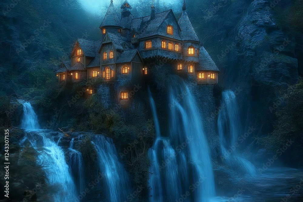 Aufkleber a castle built into the side of a waterfall, glowing lanterns lighting up its windows