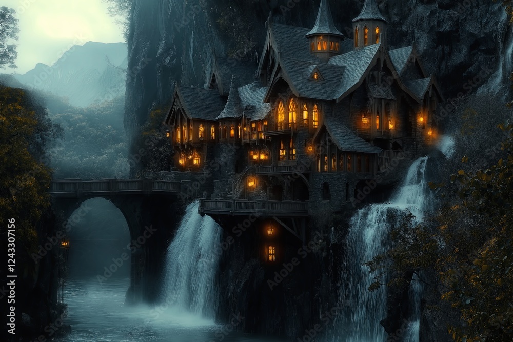Poster a castle built into the side of a waterfall, glowing lanterns lighting up its windows
