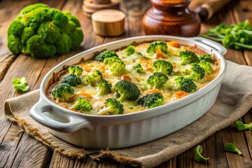 Creamy Broccoli Gratin in Oval Dish on Rustic Wooden Board - Stock Photo