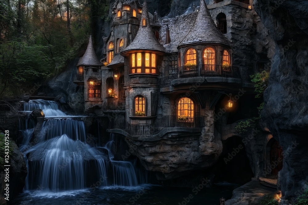 Poster a castle built into the side of a waterfall, glowing lanterns lighting up its windows