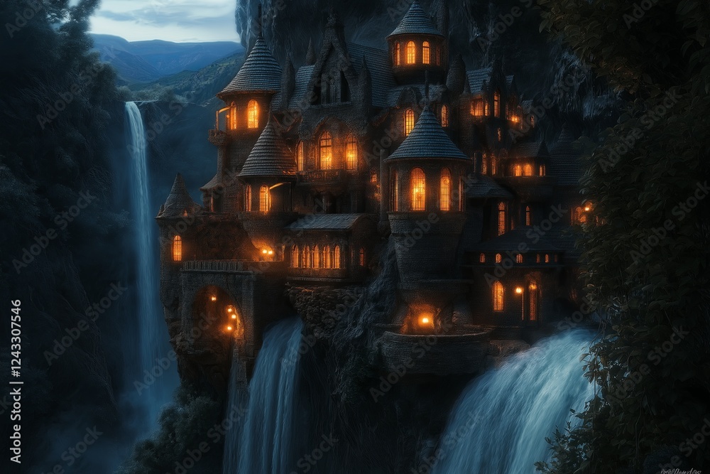 Poster a castle built into the side of a waterfall, glowing lanterns lighting up its windows