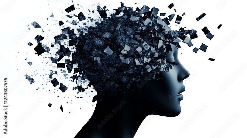 Poster profile of a woman with closed eyes exploding head dissolving into square fragments, experiencing st