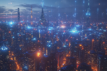 Obraz premium A modern city with a wireless network connection concept and cityscape. Technology concept.