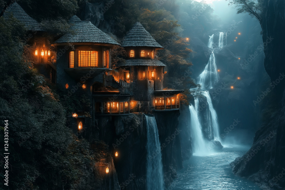 Poster a castle built into the side of a waterfall, glowing lanterns lighting up its windows