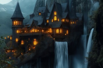 Obraz premium A castle built into the side of a waterfall, glowing lanterns lighting up its windows