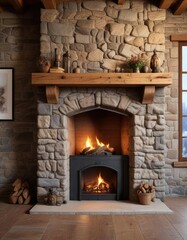 Stone fireplace with a large wooden cabin door as a background, fireplace, wooden, door