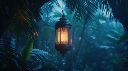 Glowing lantern hangs in tropical rainforest at night