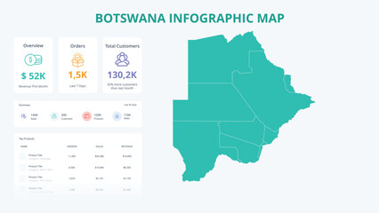 Business Growth Infographic Map of Botswana. Orders, Customers, Sales Overview & product Infographic Map of Botswana. Easy to edit