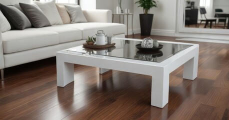 Fototapeta premium Stylish white coffee table on glossy wooden floor with mirror reflection, reflective surface, contemporary design, indoor furnishing