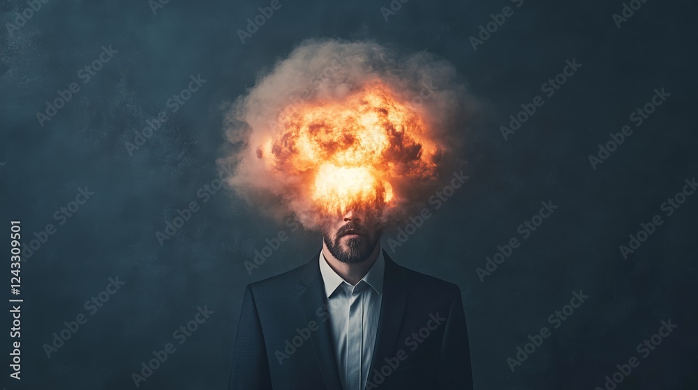 Poster businessman experiencing information overload and stress is having his mind explode with a fiery clo