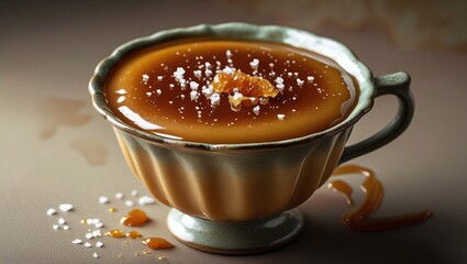 A silky miso caramel pudding glows in an antique cup, topped with sea salt and caramel crystals, exuding rich umami sweetness in warm, golden light.