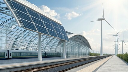 Modern train station with solar panels and wind turbines, showcasing sustainability.