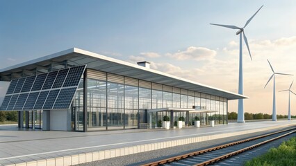 Obraz premium Modern eco-friendly building with wind turbines and solar panels.