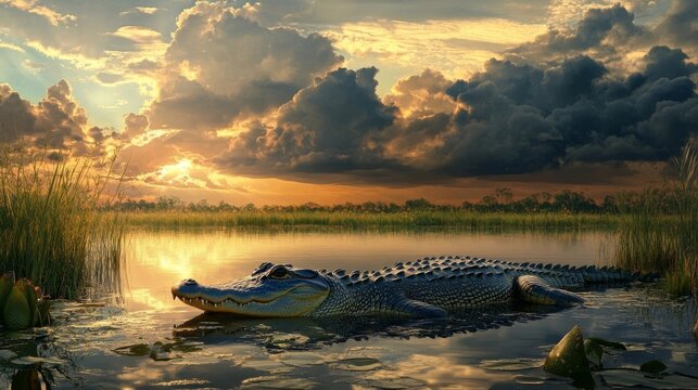 Calm alligator resting in a serene wetland during sunset with dramatic clouds overhead
