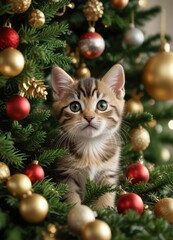 Tabby kitten peeking through Christmas tree decorations , tabby feline exploring ornaments, whimsical winter wonderland
