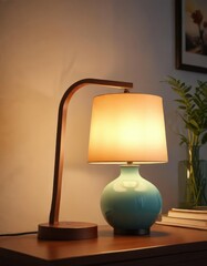 Table lamp with open lid, soft warm light radiating from within, soft illumination, gentle radiance