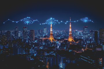 A modern city with a wireless network connection concept and cityscape. Technology concept.