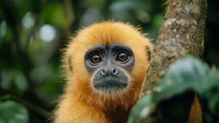 Fototapeta premium Golden Furred Monkey Closeup Portrait In Lush Green Foliage
