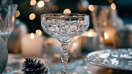 A crystal glass of sparkling champagne, placed on a festive table with holiday dcor.