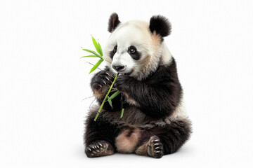 panda eating bamboo on white background