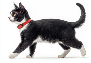 Black and white cat wearing red collar walking gracefully across a bright background exploring its surroundings with curiosity and charm