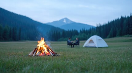 Couple camping bonfire mountain valley night
