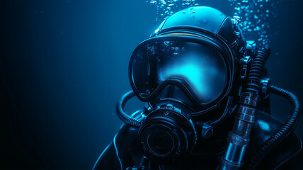 ヘルメットを装着したダイバーの深海探査&mdash;青い光に包まれた神秘的な水中シーン