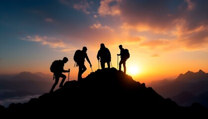 Fototapeta premium Silhouette of climbers who climbed to the top of the mountain thanks to mutual assistance and teamwork