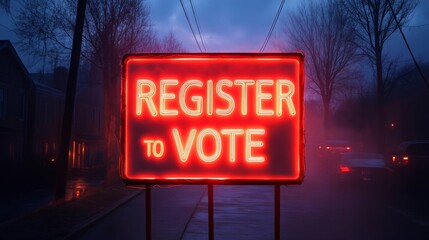 Bright neon sign urging community members to participate in the democratic process during evening hours