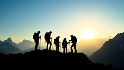 Fototapeta premium Silhouette of climbers who climbed to the top of the mountain thanks to mutual assistance and teamwork