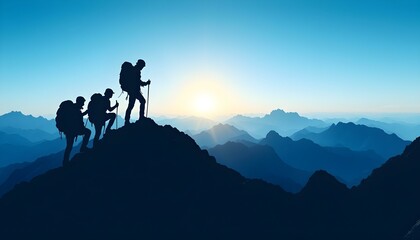 Fototapeta premium Silhouette of climbers who climbed to the top of the mountain thanks to mutual assistance and teamwork