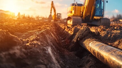 Construction activity at sunset with heavy machinery operating on site