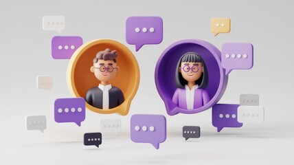 3d rendering of a man and woman  in conversation with speech bubbles surrounding them, representing online communication.  The man is in an orange circle with a light purple background.