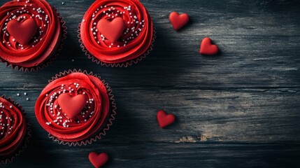 A Trio of Exquisitely Crafted Red Velvet Cupcakes, Adorned with Delicate Heart-Shaped Garnishes and Lavish Swirls of Creamy Frosting, Elegantly Presented on a Rustic Wooden Tabletop, Evoking a Sense o