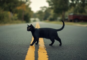 Black Cat Walking on a Quiet Rural Road with Yellow Line Highlighting Serene Autumn Environment and Nature's Beauty, Capturing Tranquility and Daily Life