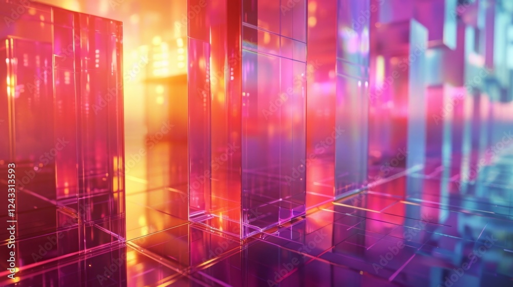 Poster abstract gradient background showcasing iridescent structures reflecting light in a vibrant digital 