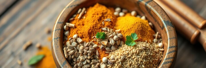 Traditional Indian spice blend ingredients including cumin coriander and turmeric in a small wooden bowl, spice blends, cumin