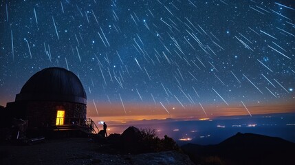 A stunning night sky with star trails over a mountain observatory.