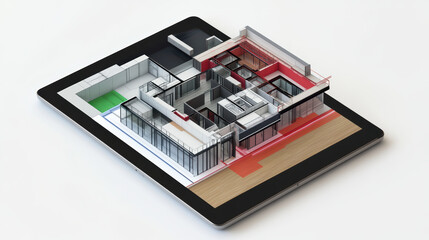 3D construction plans displayed digital tablet, showcasing modern architectural design with various rooms and layouts. vibrant colors and detailed structure highlight innovative design concepts