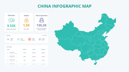 Business Growth Infographic Map of China. Orders, Customers, Sales Overview & product Infographic Map of China. Easy to edit